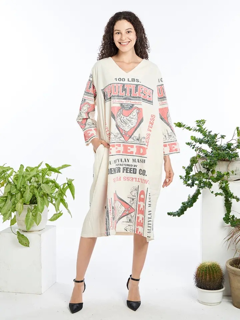 Feed sack Cream Midi Dress with Red Graphic Print